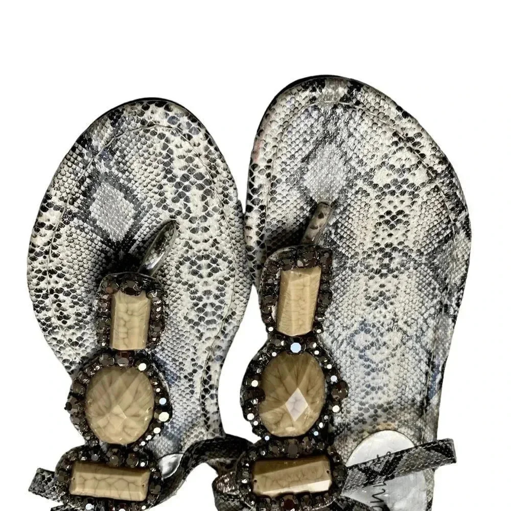 Coconuts Beverly Black & White Snakeskin Stone Embellished T Strap Thong Sandals - Picture 9 of 11